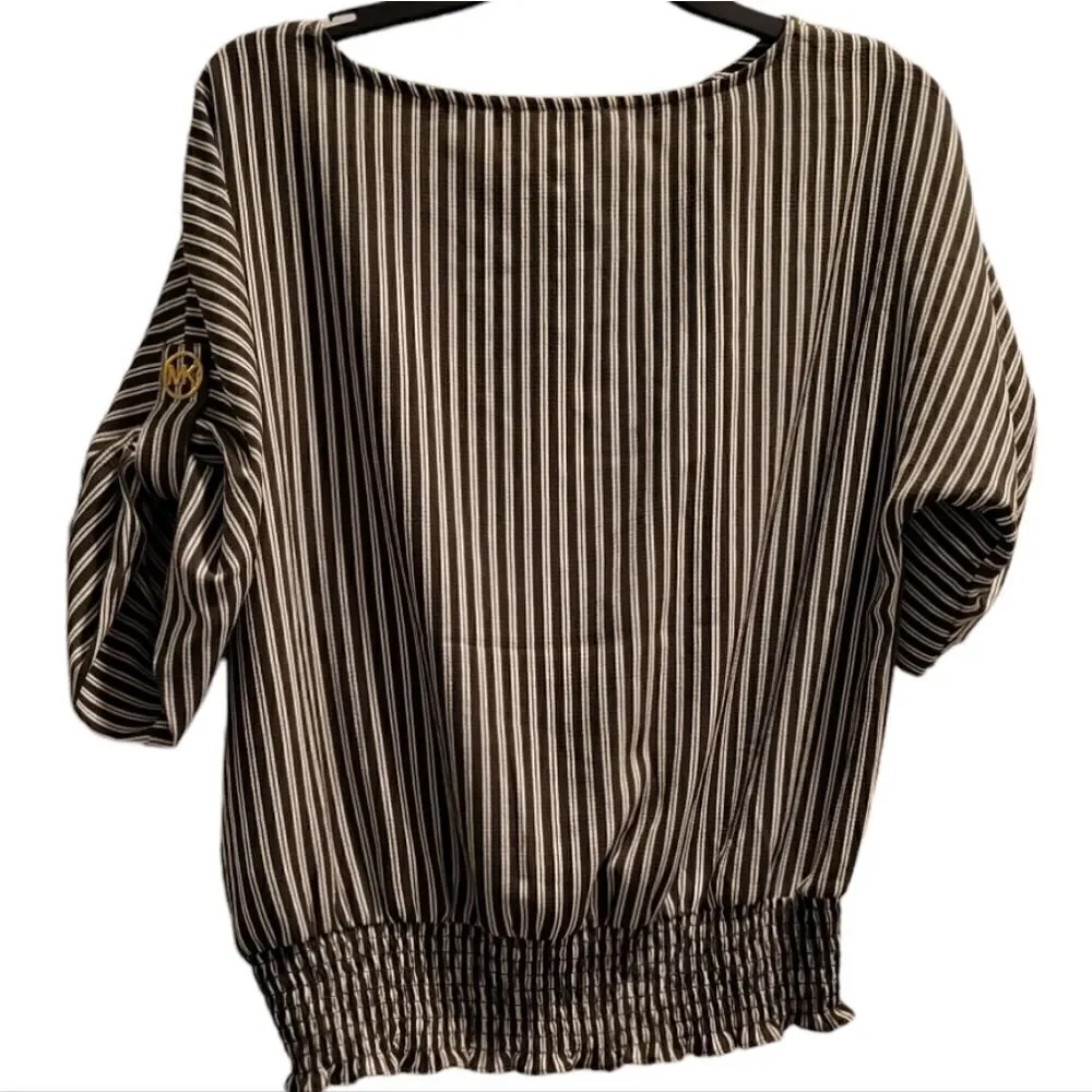 MICHAEL KORS  Logo Sleeve Smocked Waist Striped Lightweight Top Ivy Green Small